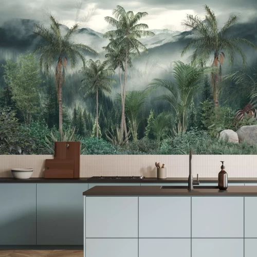 Fototapete Palmen und Nadelbäume in einer grünen tropischen Landschaft