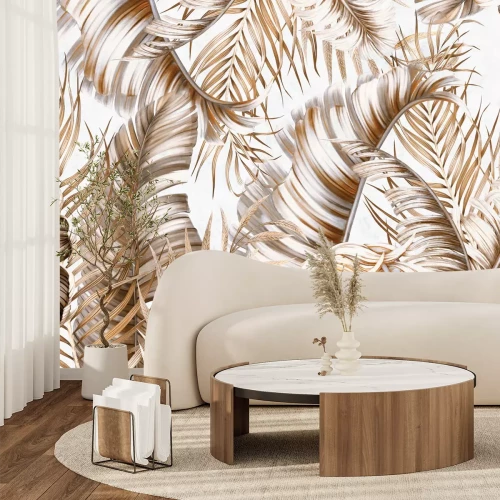 Fototapete Beige und braune tropische Blätter auf weißem Hintergrund
