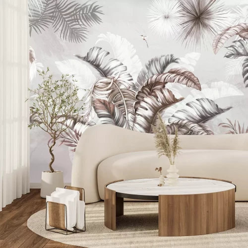 Fototapete Große tropische Blätter und Vögel vor einem Hintergrund mit subtiler Textur