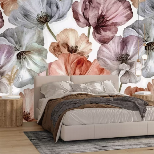 Fototapete Aquarell-Mohnblumen auf weißem Hintergrund