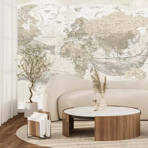 Fototapete Wale und Weltkarte im Vintage-Stil