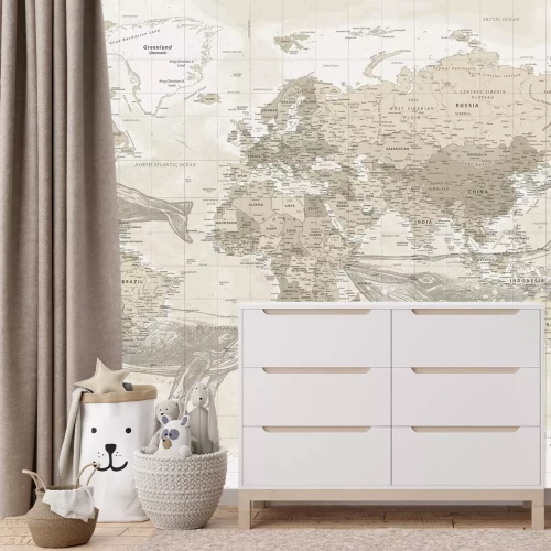 Fototapete Wale und Weltkarte im Vintage-Stil