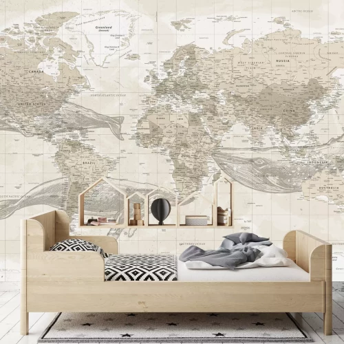 Fototapete Wale und Weltkarte im Vintage-Stil