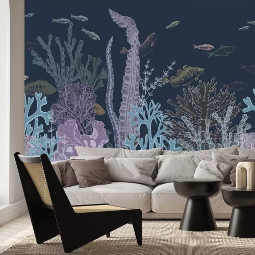 Fototapete Bunte Korallenriff mit Fischen im minimalistischen Stil