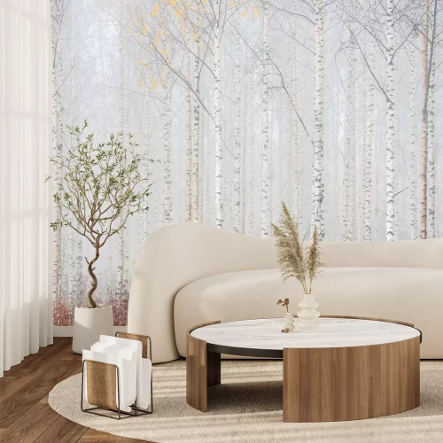 Fototapete Nebliger Birkenwaldlandschaft