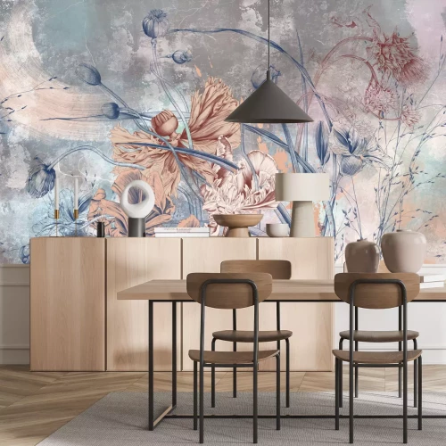 Fototapete Mohnblumen im industriellen Stil auf Betontextur-Hintergrund