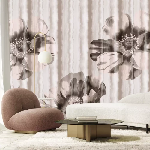 Fototapete Monochrome Mohnblumen mit gestreiftem Aquarellhintergrund