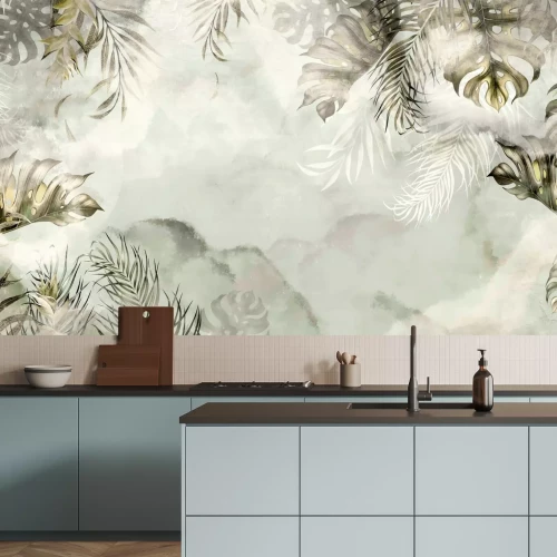 Fototapete Aquarellmotiv tropischer Blätter auf grünem Hintergrund