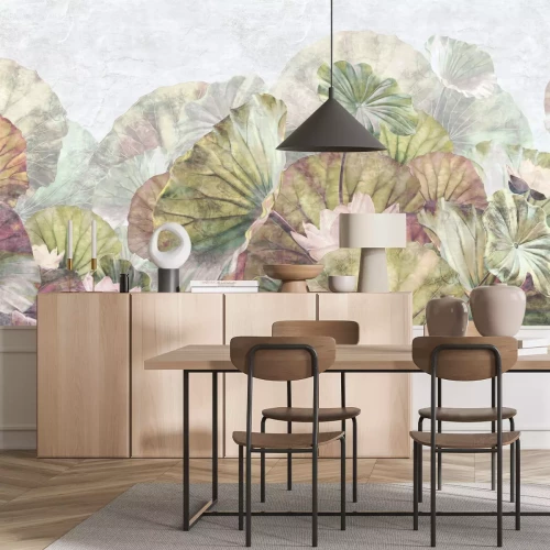 Fototapete Botanisches Muster mit Seerosen und grünen Blättern