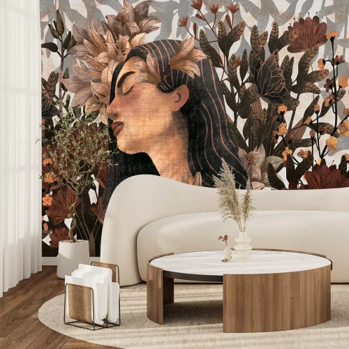 Fototapete Sinnliche Frau umgeben von Blumen