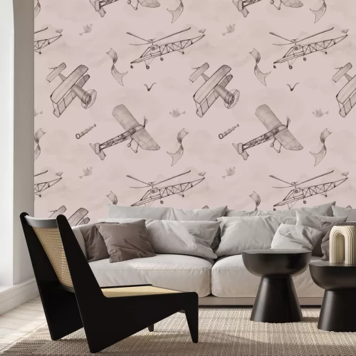 Fototapete Aquarellhimmel mit fliegenden Flugzeugen