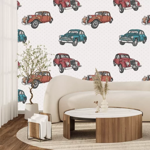 Fototapete Retro-Autos auf gepunktetem Hintergrund