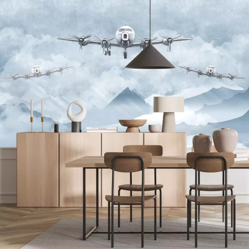 Fototapete Flugzeuge und Berglandschaft in Blautönen