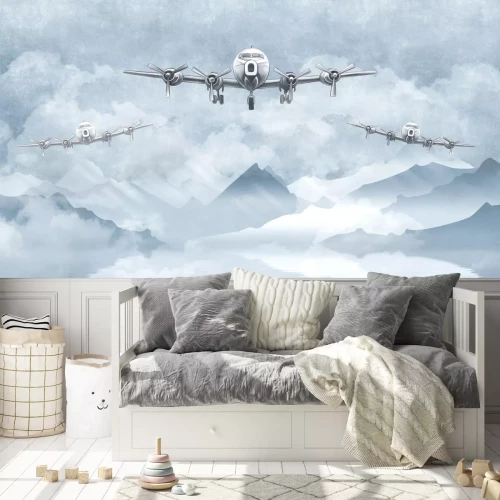 Fototapete Flugzeuge und Berglandschaft in Blautönen