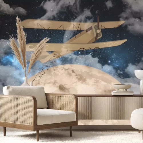 Fototapete Fliegendes Flugzeug vor nebligem Himmel