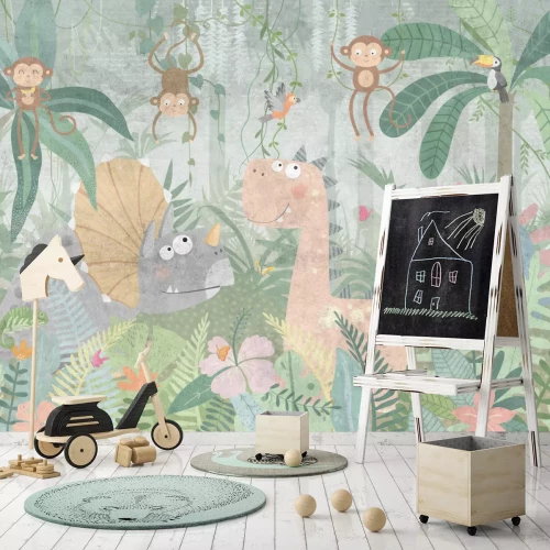 Fototapete Tropischer Dschungel mit Dinosauriern und fröhlichen Affen