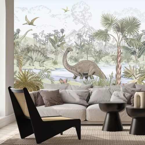 Fototapete Aquarelllandschaft mit Dinosauriern im tropischen Dschungel