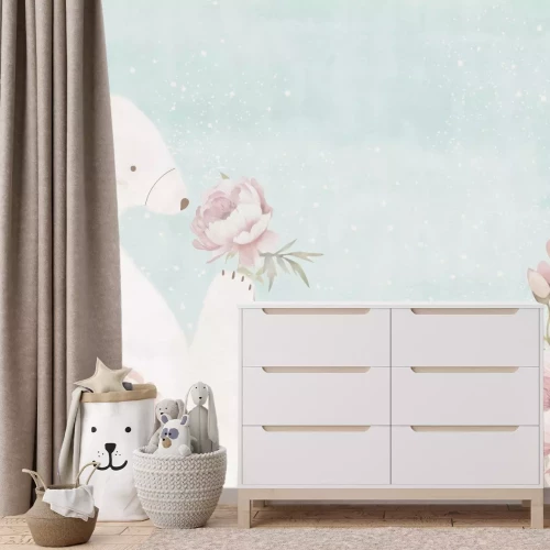 Fototapete Teddybär und rosa Blumen auf blauem Aquarellhintergrund