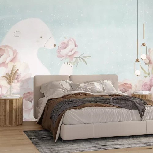 Fototapete Teddybär und rosa Blumen auf blauem Aquarellhintergrund