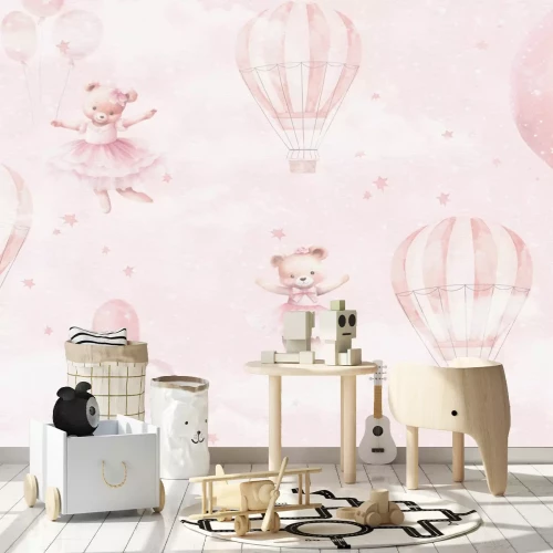 Fototapete Süße Teddybären mit Ballons am rosa Pastellhimmel