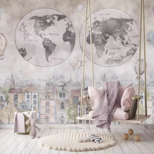 Fototapete Weltkarte und bunte Ballons über einer Aquarellstadt