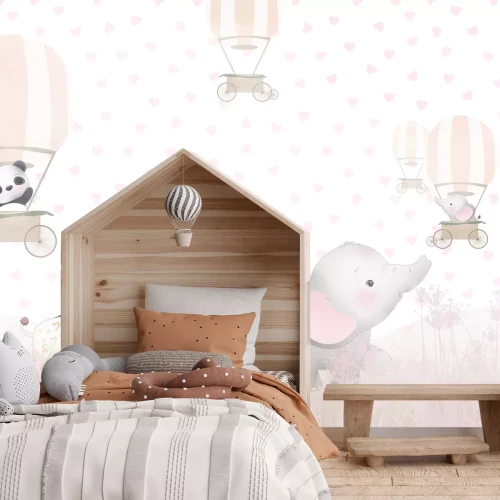 Fototapete Kindermuster mit Luftballons rosa Blumen und kleinen Tieren