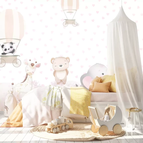 Fototapete Kindermuster mit Luftballons rosa Blumen und kleinen Tieren