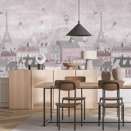 Fototapete Märchenhaftes Städtchen mit Kätzchen, Ballons und Drachen am Himmel