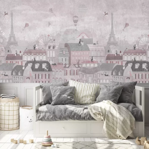 Fototapete Märchenhaftes Städtchen mit Kätzchen, Ballons und Drachen am Himmel