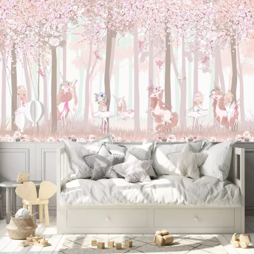 Fototapete Märchenwald mit Prinzessinnen und magischen Einhörnern