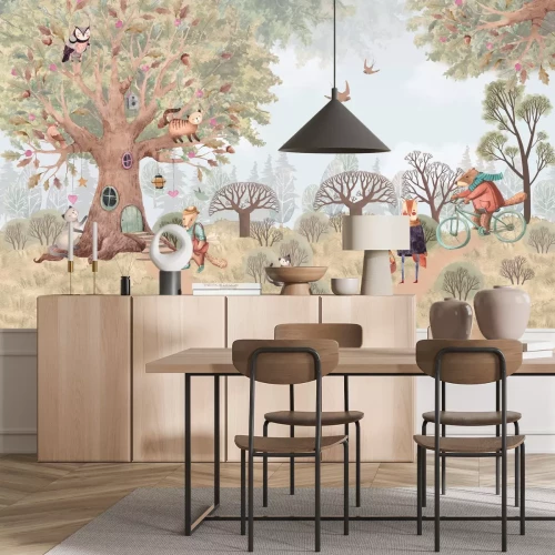 Fototapete Malerischer Wald mit Pflanzen und Tieren im Aquarellstil