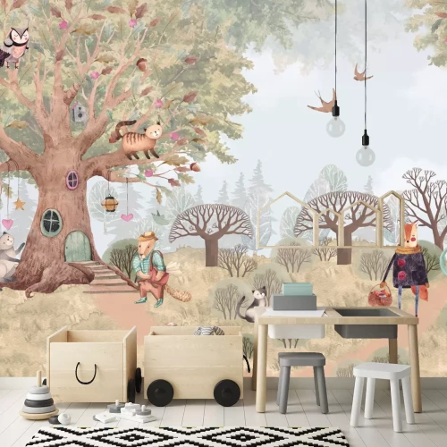 Fototapete Malerischer Wald mit Pflanzen und Tieren im Aquarellstil