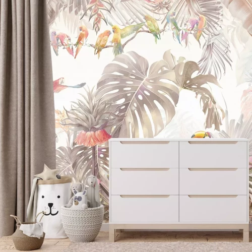 Fototapete Tropischer Dschungel mit bunten Vögeln und üppiger Vegetation