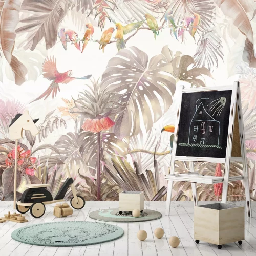 Fototapete Tropischer Dschungel mit bunten Vögeln und üppiger Vegetation