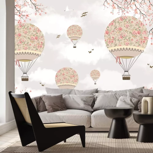 Fototapete Ballons zwischen Sakura-Blüten und zarten Zweigen