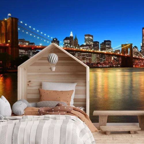 Fototapete Brooklyn Bridge bei Sonnenuntergang mit Stadtpanorama