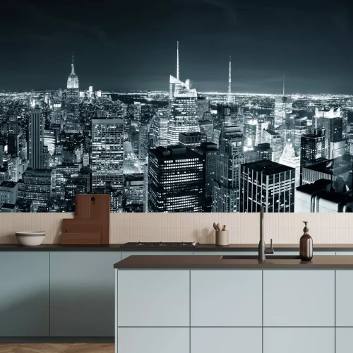 Fototapete Lichter von New York City bei Nacht mit Wolkenkratzern im Hintergrund