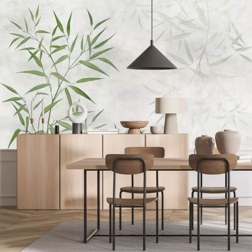 Fototapete Zartes Muster mit grünem Bambus auf grauem Hintergrund