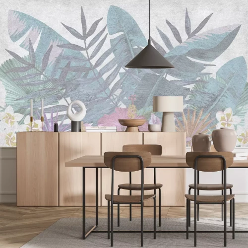 Fototapete Blumen und Blätter in zarten Farben auf strukturiertem Hintergrund