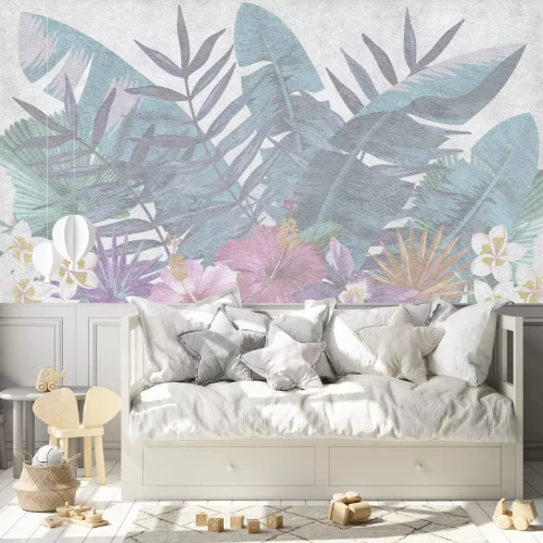 Fototapete Blumen und Blätter in zarten Farben auf strukturiertem Hintergrund