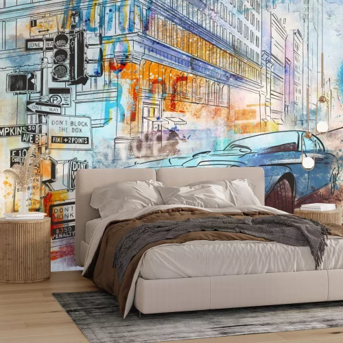 Fototapete Auto in der Stadt Aquarellmalerei Jugendillustration