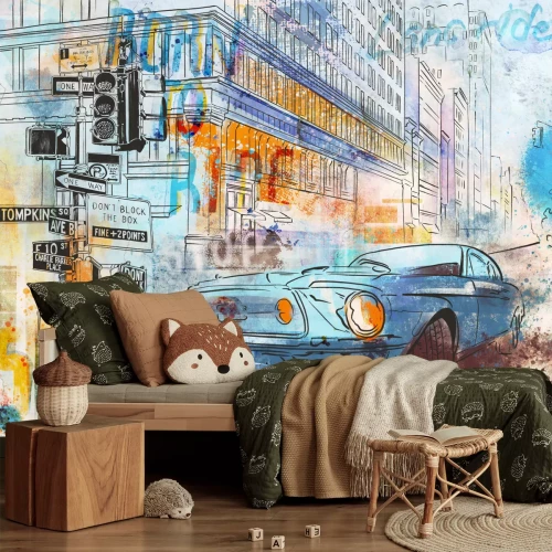 Fototapete Auto in der Stadt Aquarellmalerei Jugendillustration