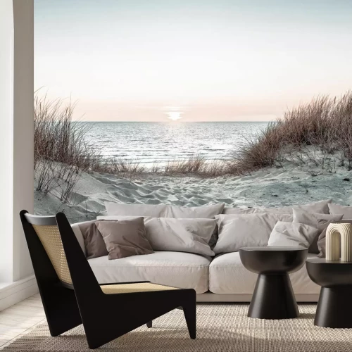 Fototapete Sonnenuntergang über dem Meer und Sandstrand malerische Landschaft