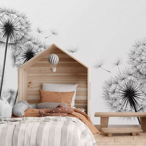 Fototapete Löwenzahn in Schwarz und Weiß minimalistische Grafik