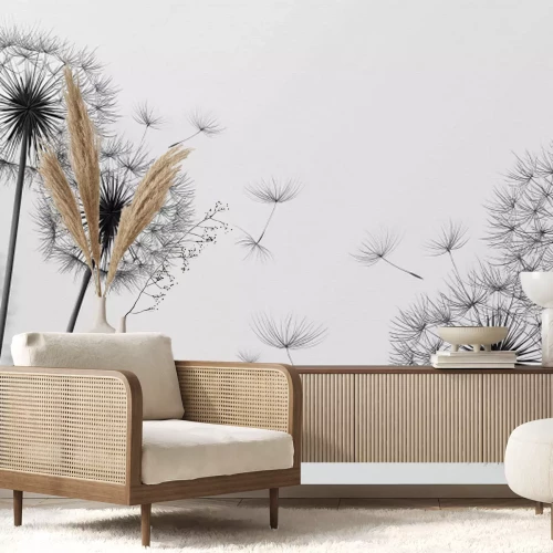 Fototapete Löwenzahn in Schwarz und Weiß minimalistische Grafik