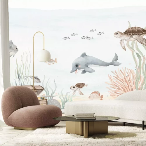 Fototapete Aquarell-Unterwasserwelt mit Fischen und Piratenschatz