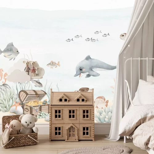 Fototapete Aquarell-Unterwasserwelt mit Fischen und Piratenschatz