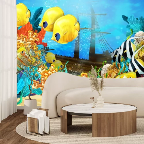 Fototapete Korallenriff mit Fischen und Schiffswrack Unterwasserlandschaft