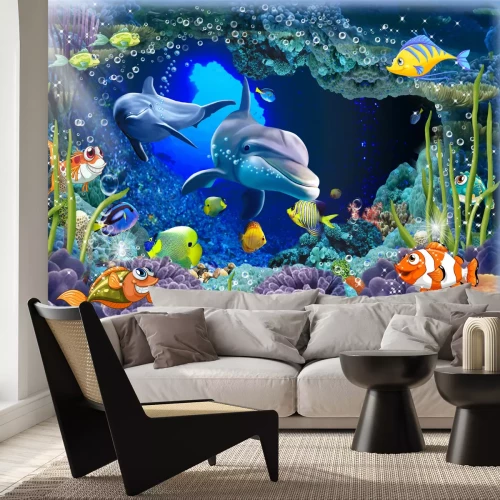 Fototapete Delfine und Fische in Unterwasserlandschaft Illustration
