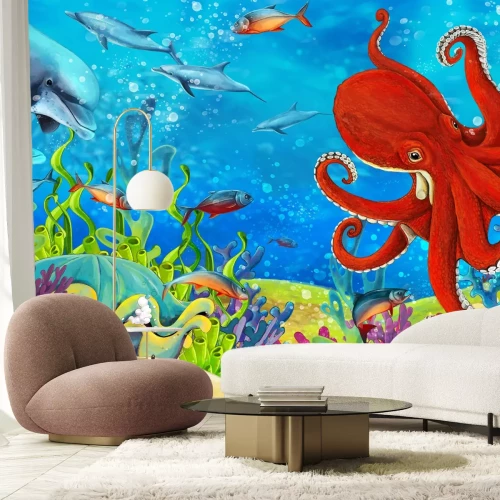 Fototapete Buntes Korallenriff mit Fischen Delfinen und Oktopus Meereswelt